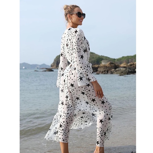 Boho White Chiffon with Black Stars Kimono Duster Beach Coverup - Picture 3 of 16
